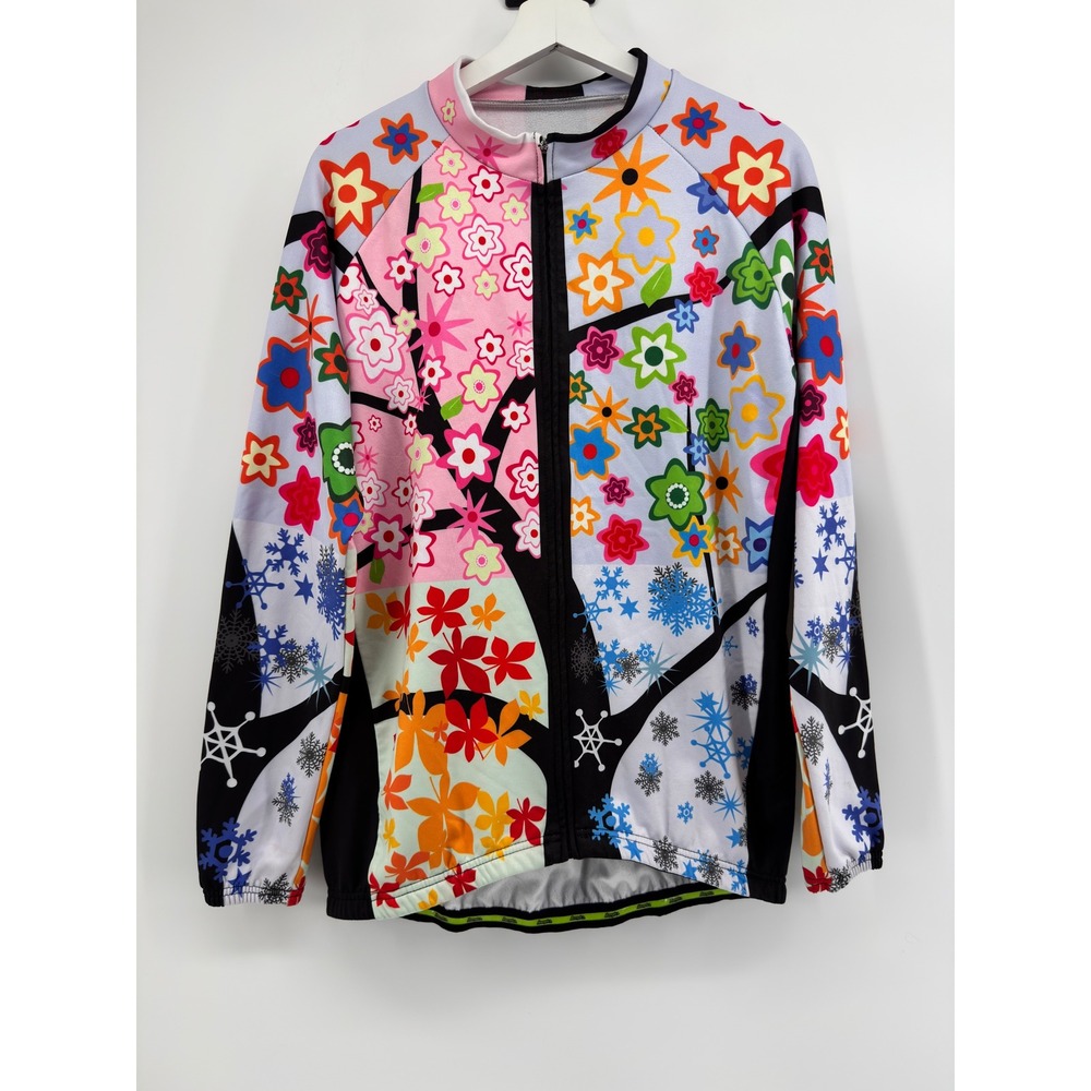 Aogda Cycling Jersey XXL Long Sleeve Floral Snowflake Multi-Color Full Zip Top